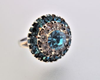Vintage Blue and Clear Glass Rhinestone Sterling Silver Statement Ring