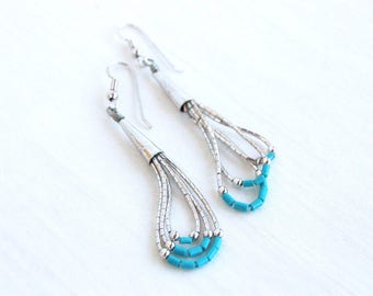 Liquid Silver Dangle Earrings Vintage Southwestern Beaded Turquoise Colored Dangles Gift for Her Under 15
