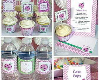 Pink Ladybug Baby Shower Full Printable Party Kit, Customizable ladybug Invitation & party decorations using Adobe Reader. INSTANT DOWNLOAD