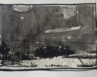 March Stand, Original India Ink and Wash Landscape Drawing on Antique Book Paper, Stooshinoff