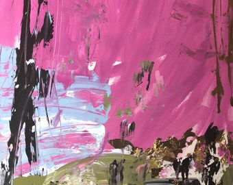 Large Abstract Painting with Gold Leaf Pink Art on Canvas