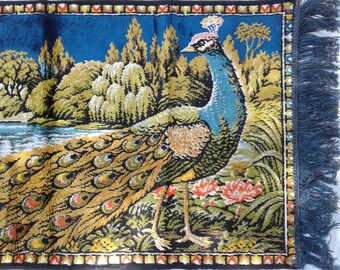 Peacock Bird Rug / Tapistry * Wallhanging * Vintage Decor * Boho Hippie Decorator Piece >