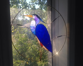 Great Blue Heron stained glass suncatcher panel