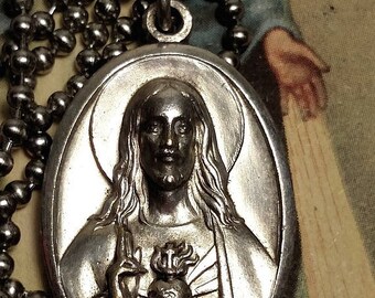 SALE TODAY Sacred Heart of Jesus Our Lady Virgin Mary Silver Religious Medal Pendant Necklace Upcycled Long Steel Chain