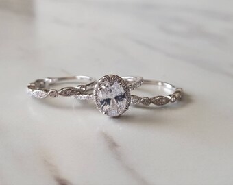 Engagement Ring Vintage Engagement Ring 1930s Ring Art Deco Ring Wedding Ring Set White Gold Ring Diamond Ring 3 band Ring Oval Ring