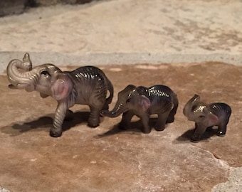 Vintage Miniature Porcelain Grey Wrinkly Elephant Family Trio Figurines - Set of 3