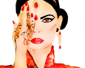 Print of the original watercolor painting 'The girl with henna tattoo'