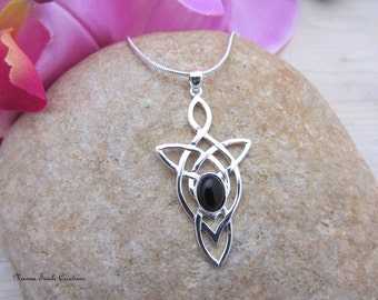 Celtic, elvish, silver and black onyx, precious stone necklace, celtic jewelry, elvish jewelry,black onyx jewelry, french hand made