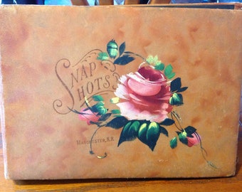 Antique/vintage 1940's photo album / "Snap Shots, Manchester, NH" hand painted beige leather /reliure boudinée red/black leaves