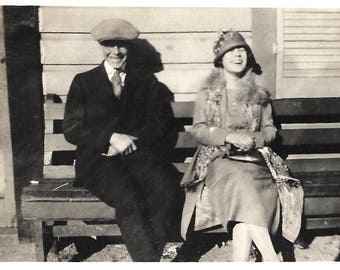Vintage Snapshot "Laugh Out Loud" Pretty Flapper Handsome Man Belly Laugh Comic Relief Found Vernacular Photo