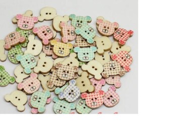 Set of 10 Teddy bear head - 2 holes wood buttons - 200mm