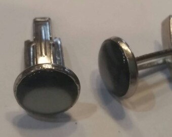 Vintage silver tone cufflinks, smoky grey stone