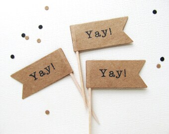 Graduation Cupcake Toppers, Yay! Kraft Pennant Flag, Party Decor, Double-Sided, Weddings, Showers, Birthdays, Nautical, Set of 15