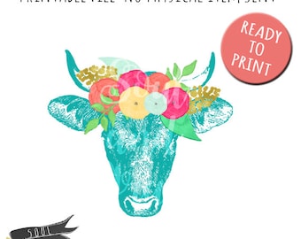 Pretty Cow with Flowers- INSTANT DOWNLOAD - PDF Printable