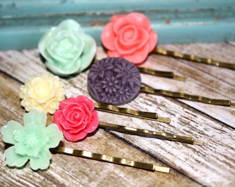 Flower Hair Pins, Hair Accessories, Flower Cabochon, Flower Hair Pin, Set of 6 Bobby Pin