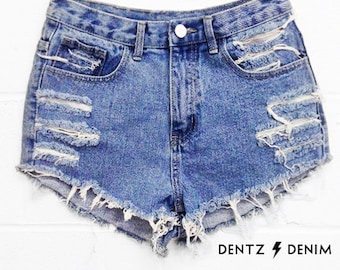 High Waisted Blue Denim Shorts - Moderate Shredding - Blue Jean Shorts - Plus thru Petite Size