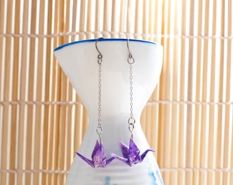 Origami earrings crane in purple recycled paper on thin silver chain eco-friendly jewelry -Made to order