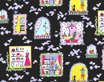 Parisian Windows Fabric in Black - 50's Paris Retro Cute Kawaii Lolita Shopping Hats Boudoir - Japanese Import Fabric - OOP VHTF BTFQ