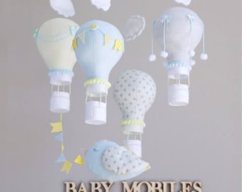 Hot Air Balloon Baby Mobile with little bird. Blue and yellow