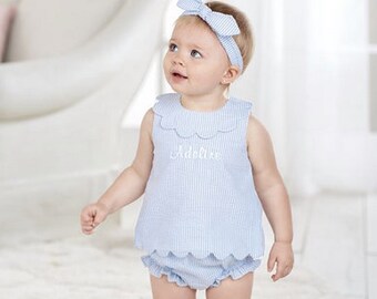 Blue Seersucker Pinafore and Bloomers Set ~ Monogrammed girls seersucker ~ Mud Pie Monogrammed ~
