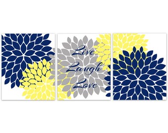 Wall Art CANVAS, Live Laugh Love, Blue Grey Wall Art, Flower Burst Bathroom Wall Decor, Blue and Yellow Bedroom Wall Art - HOME109