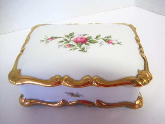 Rosenthal Trinket Box, SELB Germany, White Porcelain Roses, Gilt Edge, Vanity Box