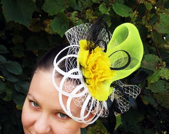 Derby fascinator white fascinator hat black feathers wedding hat YELLOW FLAMENCO