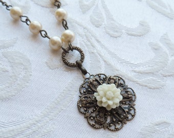 Ivory Mum Flower Necklace with Vintage Beads-50% Off Sale, Antique Brass, Off-whtie