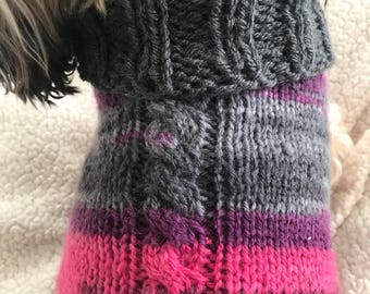 Pink, Purple and Grey Dog Sweater Hand Knit Small With Cable Down Back