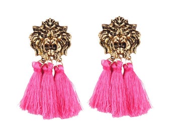 Lion Medallion Earrings, Tassel Earrings, Gold Medallion, Animal Jewelry, Statement Earrings, Dangle, Lion Earrings, Drop Earrings