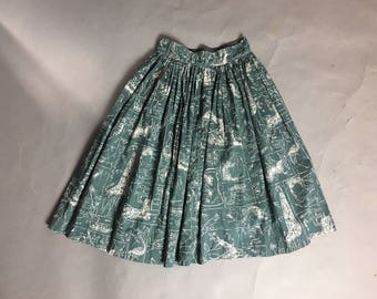Vintage 50s skirt / 1950s skirt / novelty print skirt / animal print skirt / cotton skirt / full skirt / 8143