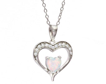 925 Sterling Silver White Opal Heart Necklace,Silver Heart Necklace,Silver Opal Jewelry