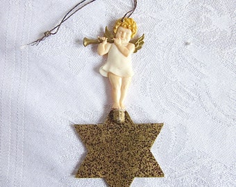 Vintage Christmas Ornament Angel Playing Horn German Christmas Decoration Gold Star