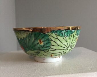 Vintage Hand Painted Porcelain Lotus Japanese bowl ; gold leaf