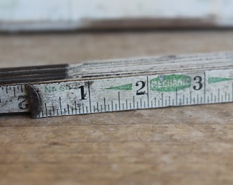 Vintage Wooden Folding Ruler // White & Black with Green // Accordion Ruler