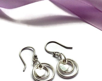 Sterling silver earrings, heart charm earrings, earrings, women's earrings, circle earrings, concentric circles, moving heart earrings