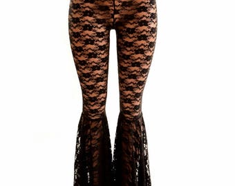 Black Lace Sheer See Through High Waist Bell Bottom Flared Pants 154451