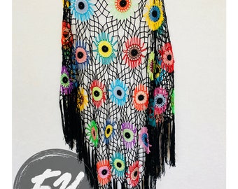 Colorful Crochet Shawl | Boho Gypsy Shawl | Hippie Patchwork | All Season Fashion | Handmade |%100 cotton-merserized