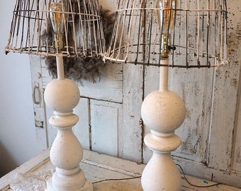 White table lamps wooden large baluster style distressed base w/ recycled rusty basket lampshade w/ crowns lighting decor anita spero design