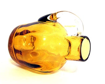 Vintage Pilgrim Amber Glass Jug Ribbed Optic Hand Blown Collectible Miniature Pitcher