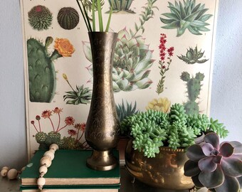 vintage tall etched brass vase tall boho
