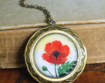 Red Poppy Locket Necklace, Flower Locket Necklace, Long Locket Necklace, Large Locket, Long Chain, Photo gift, Vintage Style Locket