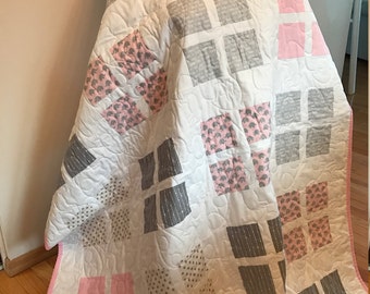 Handmade baby quilt, White With Pink,and Grey Minky, Baby Quilt, lap quilt, nursery, minky quilt, quilts for sale, large childs quilt