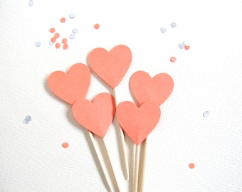 24 Coral Heart Cupcake Toppers, Party Decor, Double-Sided, Weddings, Showers, Spring, Summer, Love