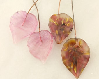 Lampwork Headpins, Glass Leaf Head Pins, Headpin on 20Ga Antique Copper Wire, Matte Pink,
