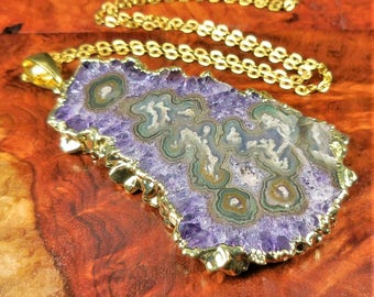 Large Amethyst Stalactite Slice Necklace - Purple Druzy Pendant - Crystal Slab Medallion - Gold Jewelry (M41G) Healing Crystals and Stones