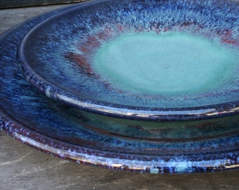 Pottery Plates- ceramic tableware for salad and dinner, 'patina' glaze