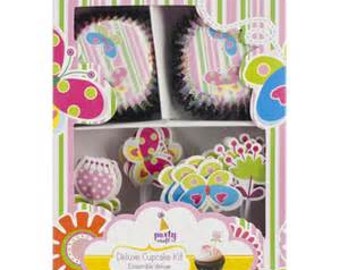 GARDEN PARTY Deluxe Cupcake Kit - QTY 24 - Cupcake Pick - Cupcake Wrappers - Garden Party Birthday - Butterflies - Flowers