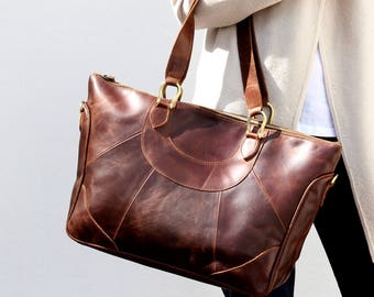 Large Leather Handbag Purse in Vintage Brown