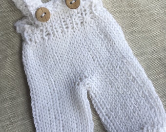 Waldorf Doll Clothes - Knitted White Color Overalls -fits 8 inch dolls